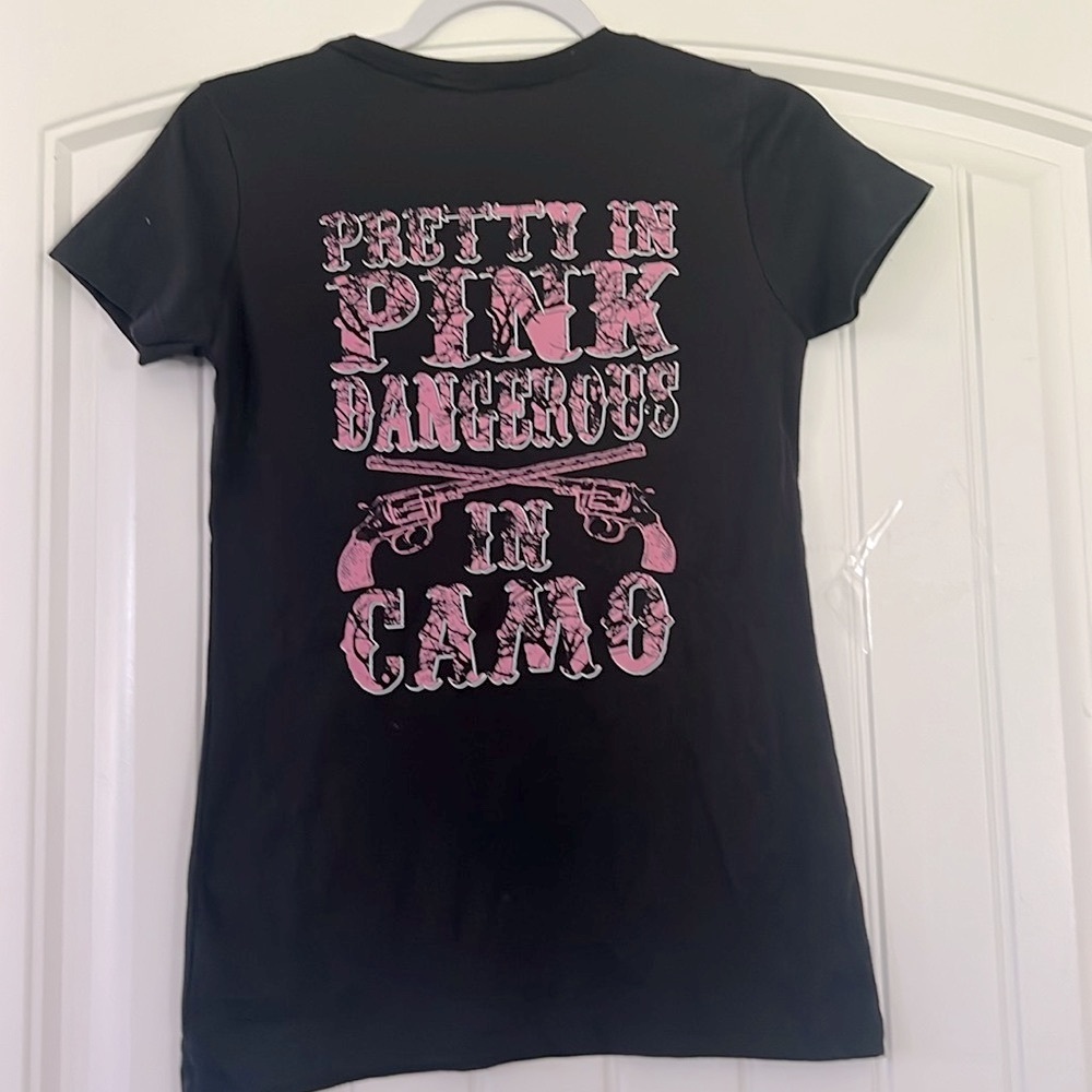Pretty in Pink Dangerous in Camo T Shirt Small